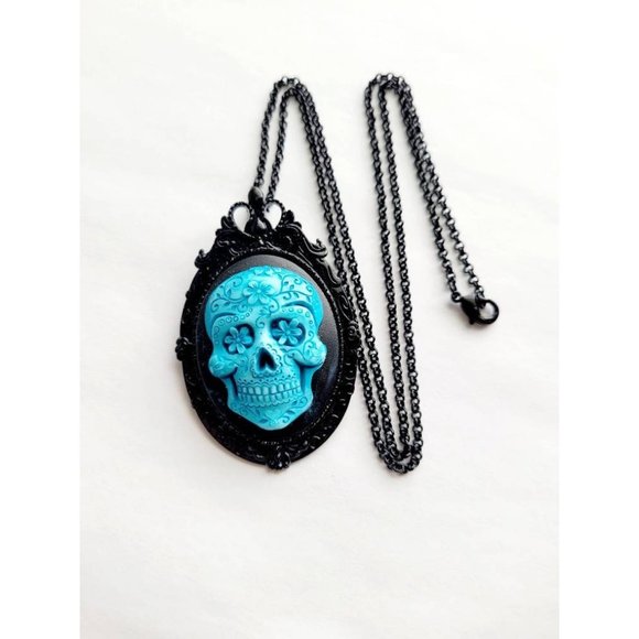 Teal Blue Black Sugar Skull Day of Dead Gothic Rockabilly Cameo Brooch Necklace - Picture 2 of 5